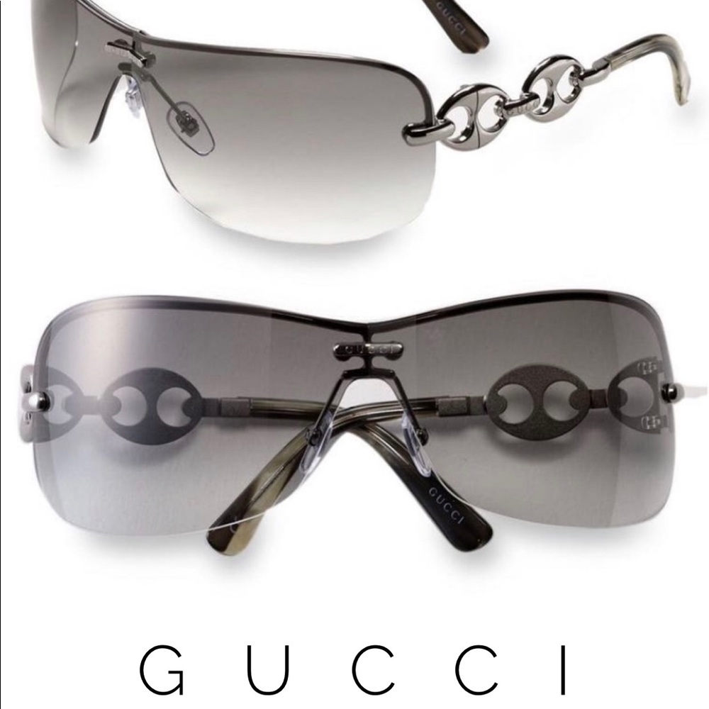Gucci Rimless Shield Sunglasses with chain detail